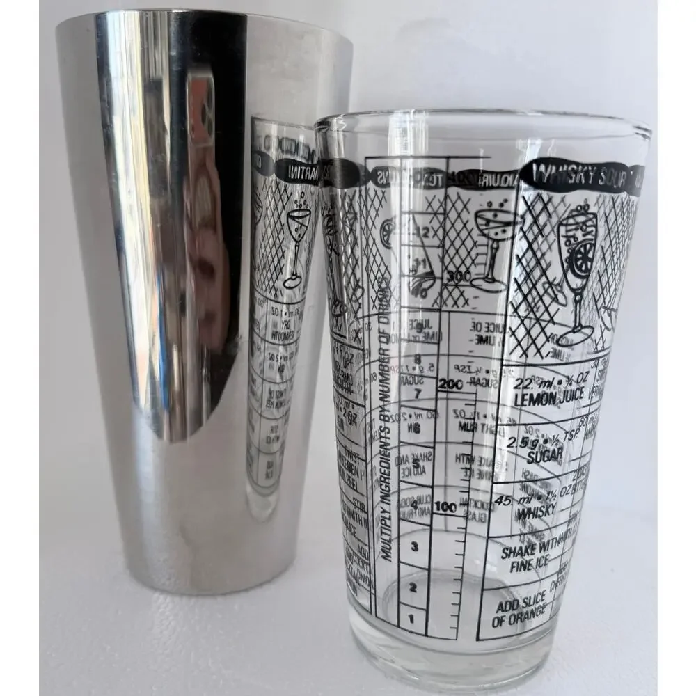 Vtg MCM Irvinware Boston Shaker Glass Stainless Steel Recipe OZ Cocktail Barware